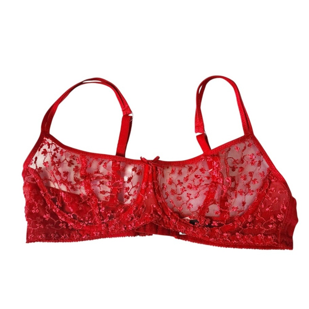 DONNA LOREN Vintage Poppy Red‎ Sheer Floral Lace Bra 34C Embroidered Underwire